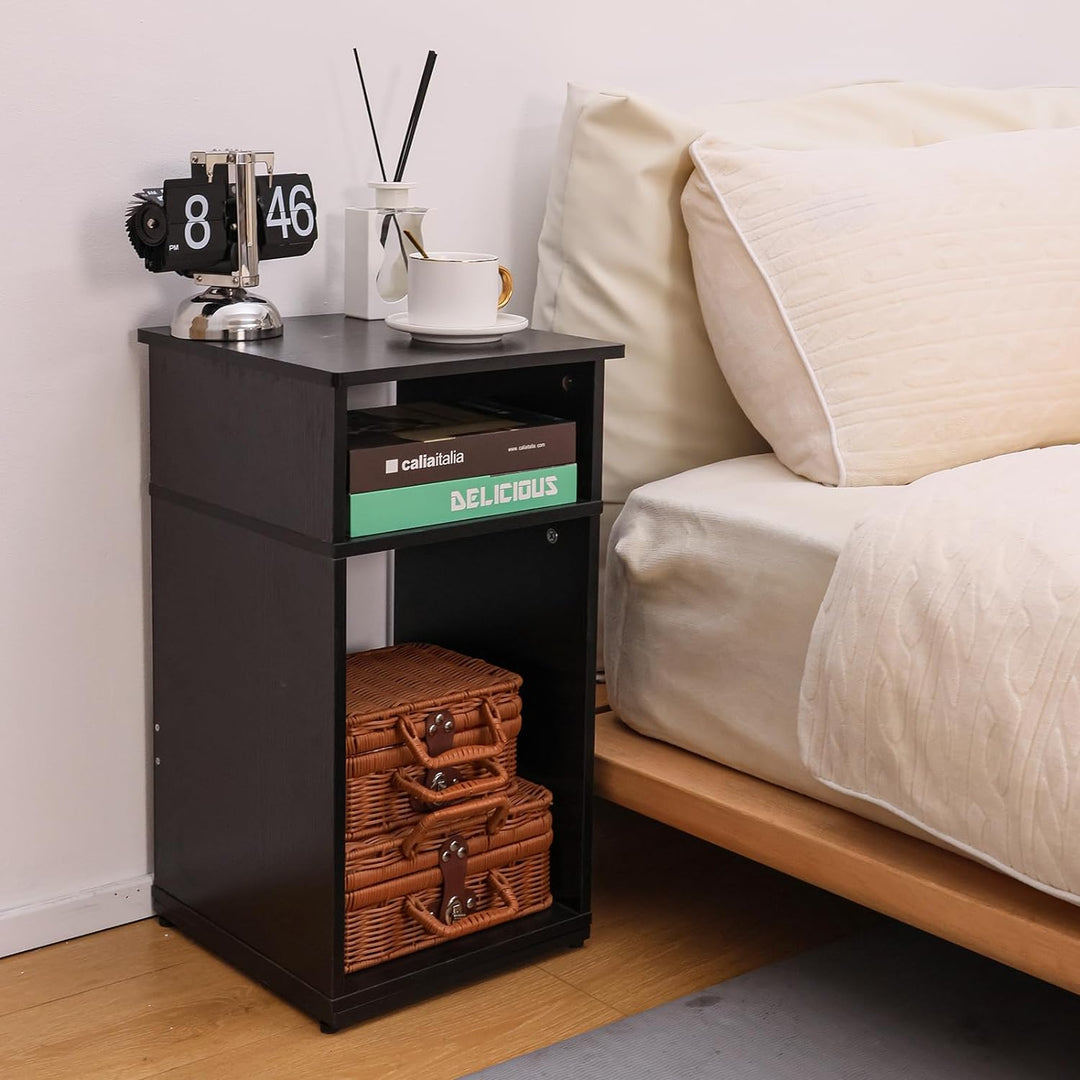 End Table with Storage Shelf, Small Side Table (Black)