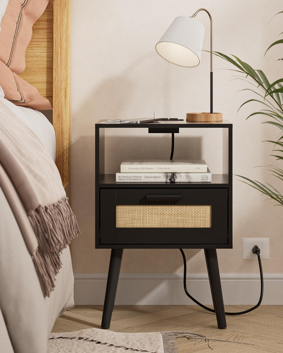 Rattan Nightstand w/ Charging Station, Storage Drawers