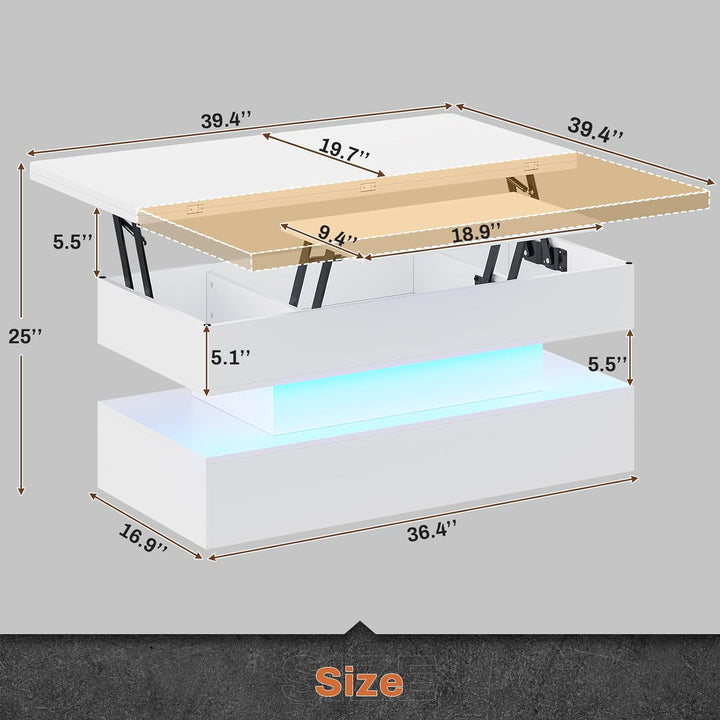 Lift Top Coffee Table with Storage and LED Light, White