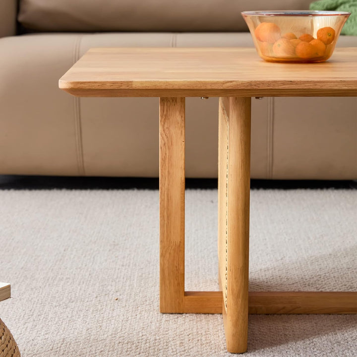 Mid Century Modern Wood Coffee Table with PE Rattan Stand