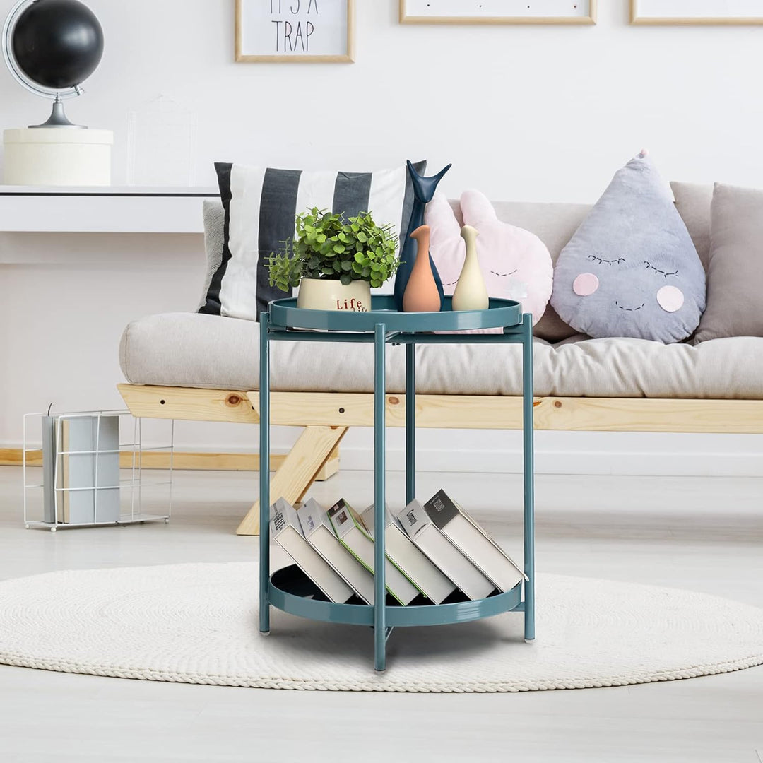 2 Tier Round Side Table, Folding Metal End Tables