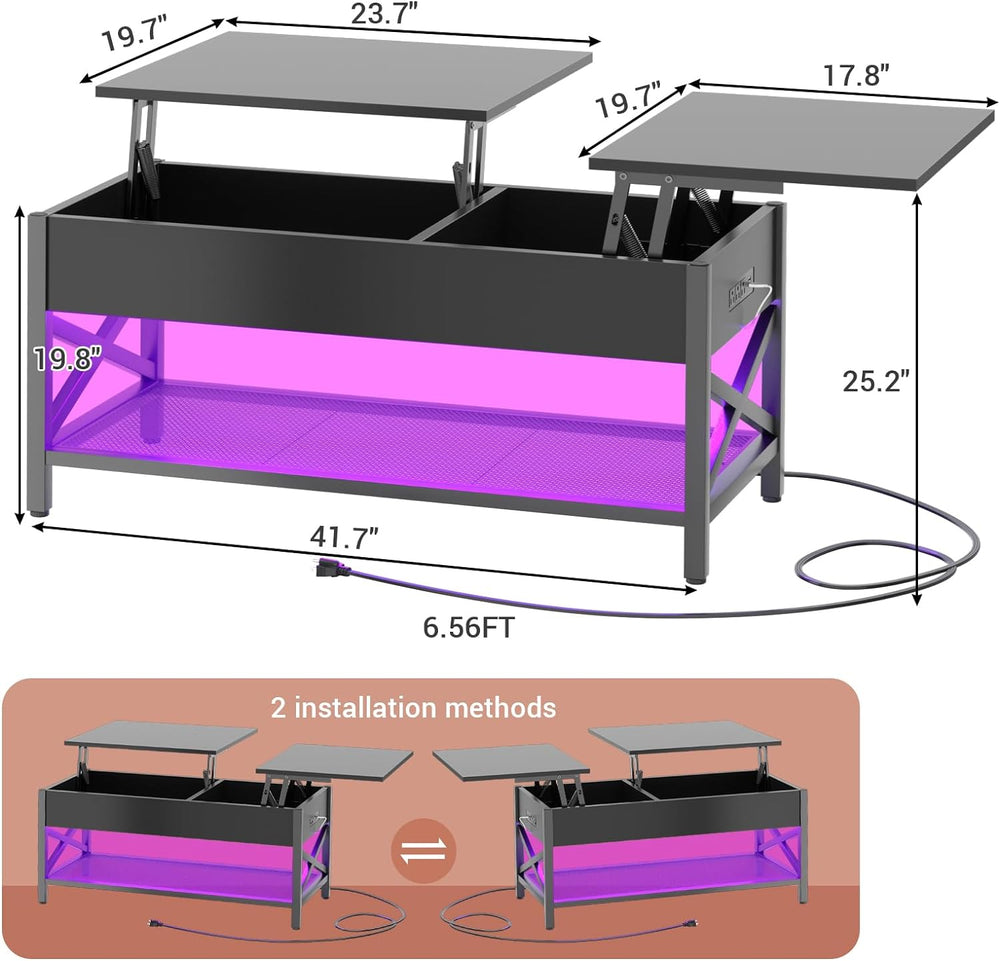Stylish Lift-Top Coffee Table with Storage, LED Lighting & Power Outlet, Black