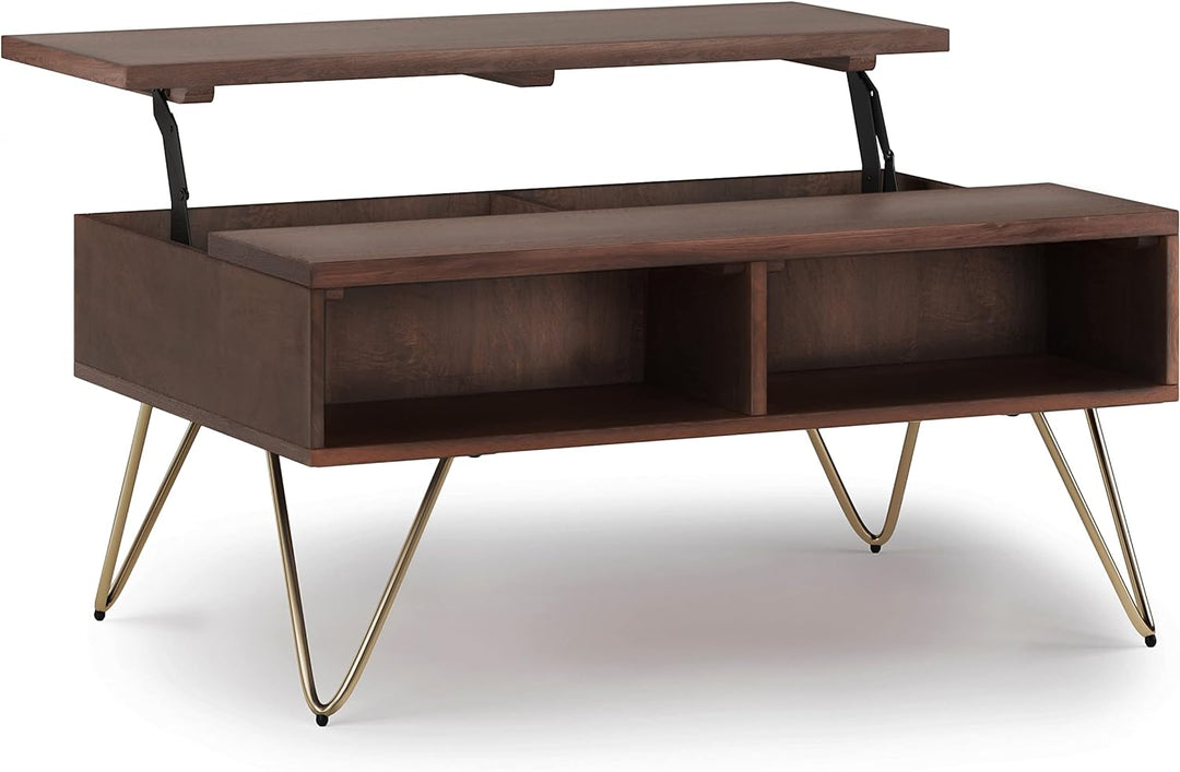 Solid Mango Wood and Metal Industrial Contemporary Small Lift Top Coffee Table, Umber Brown and Gold