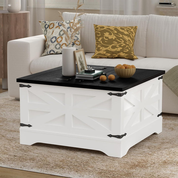 Farmhouse Coffee Table with Hidden Storage, Rustic Cocktail Table, White, Rustic Black