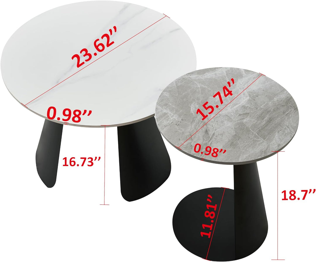 Round Coffee Table Set, Modern Nesting End Tables, Marble Accent Tables, 23.6''-black