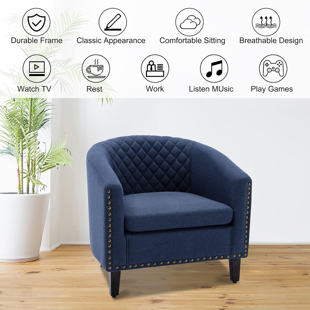 Armchair Barrel Club Chair,Modern PU Leather Accent Chair Arm Club Chair w/Nailheads and Solid Wood Legs,Tub Barrel Style Lounge Chair for Living Room Bedroom Reception Room (Navy-2)