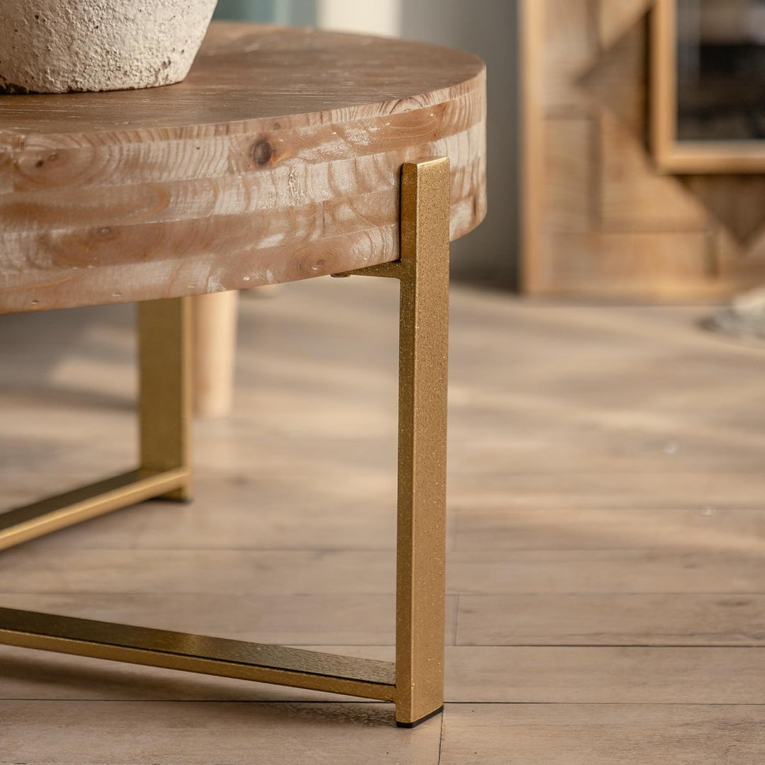 Wood Round Coffee Table, Farmhouse Rustic Fir Wooden Top, Gold