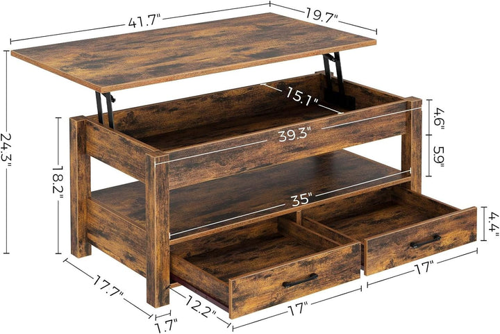 Rustic Lift-Top Coffee Table, Drawers, Hidden Compartment, Wooden