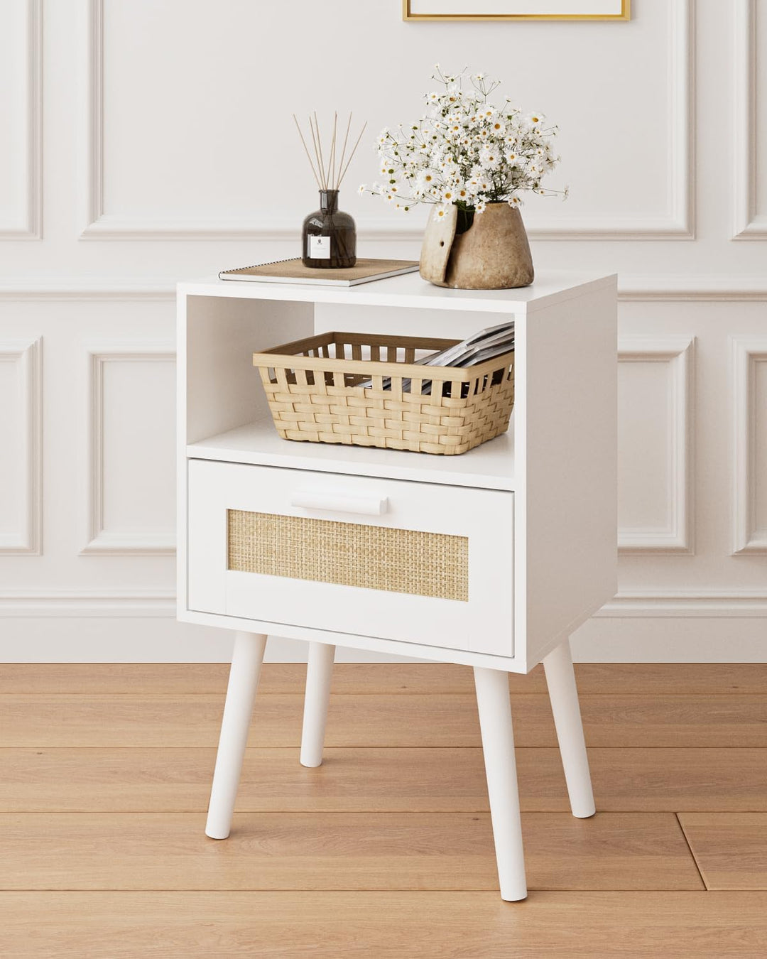 Rattan Nightstand, Wood Accent Table with Storage