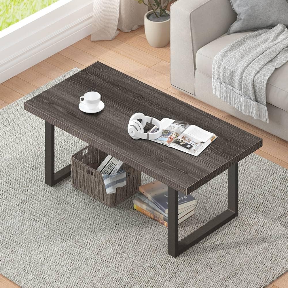 Rustic Coffee Table, Wood and Metal Simple Industrial Modern Center Table, Dark Gray Oak