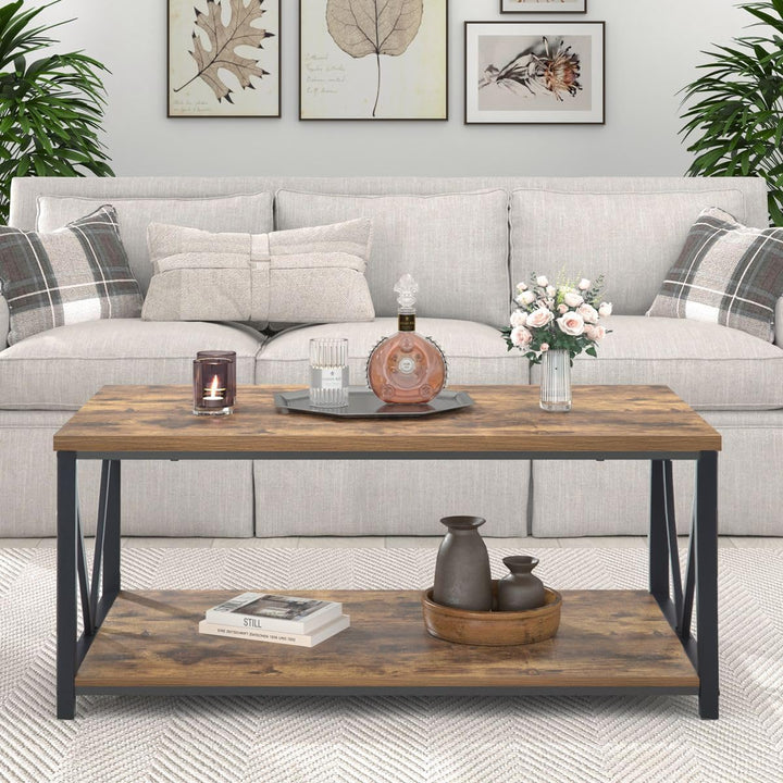 Modern Industrial Coffee Table with Storage Shelf, Rustic Brown