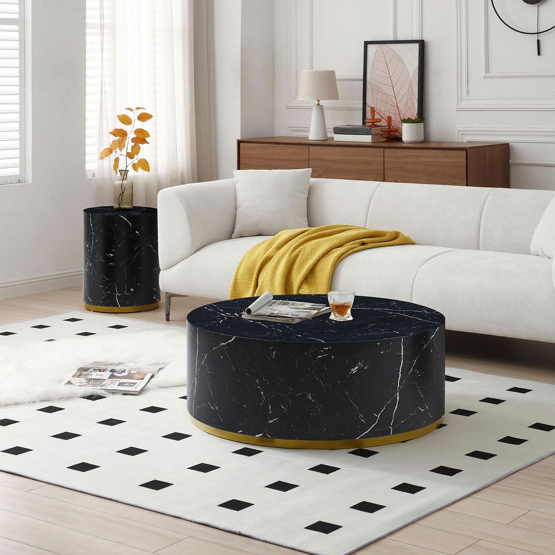 Modern Round Coffee Table with Gold Rim, Wooden Drum Circle