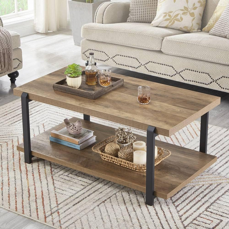 Rustic Industrial Coffee Table with Shelf, Wood and Metal Accent, Oak