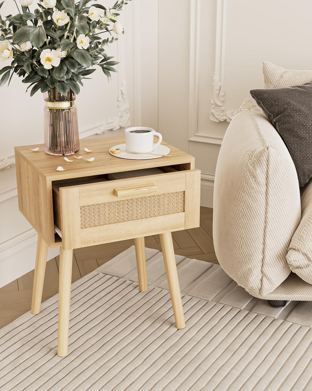 Wooden Nightstands with Rattan Weaving Drawer