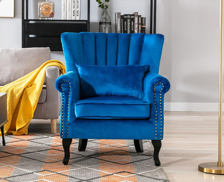 Blue Velvet Wingback Chair with Pillow