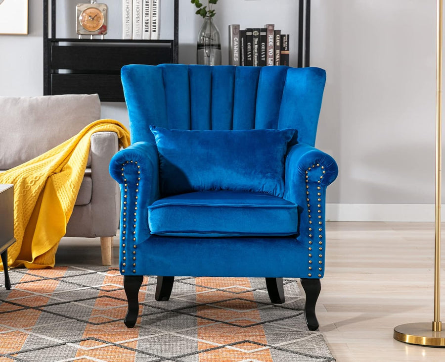 Blue Velvet Wingback Chair with Pillow