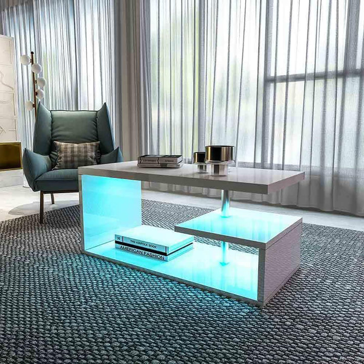 Modern White Coffee Table with S-Shaped 3 Tiers Open Storage Shelf, High Gloss Center Sofa Tea Table with LED Lights, White