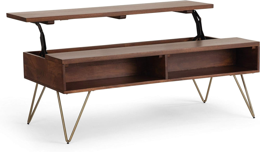 Solid Mango Wood and Metal Industrial Contemporary Lift Top Coffee Table, Umber Brown