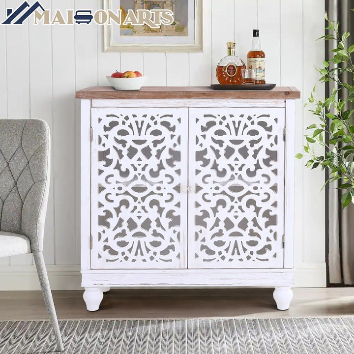 White Sideboard Buffet Cabinet, Hollow-Carved