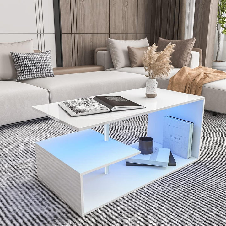 Modern White Coffee Table with S-Shaped 3 Tiers Open Storage Shelf, High Gloss Center Sofa Tea Table with LED Lights, White