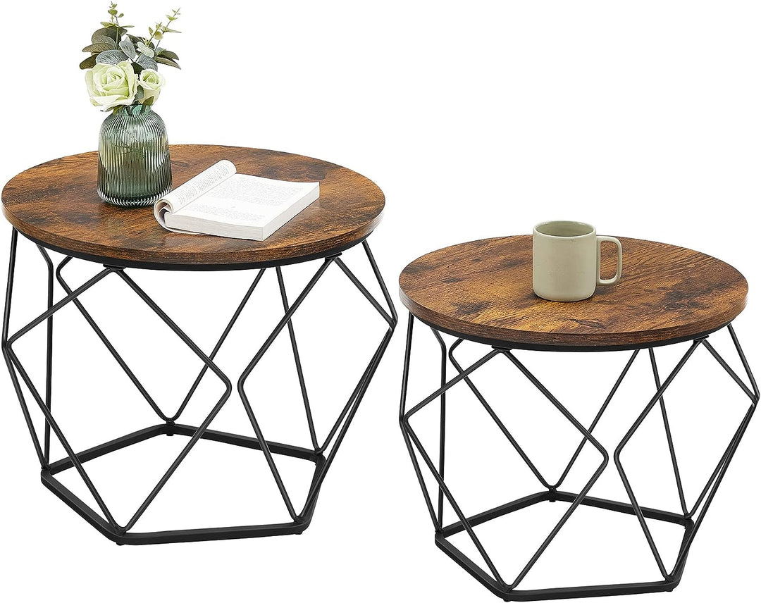 Rustic Round Coffee Table Set, Steel Frame Side End Tables