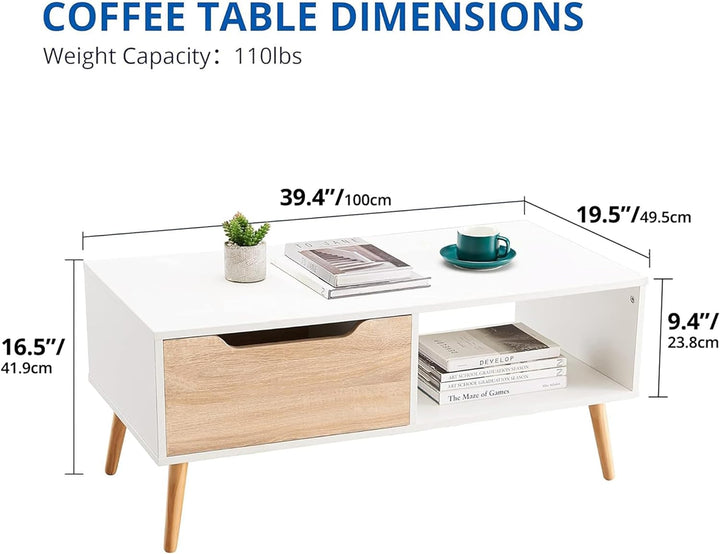 Cozy Modern Coffee Table with Storage, Wooden Cocktail Table, White