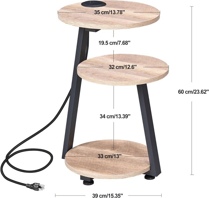 Round End Table w/ Charging Station, 3-Tier Shelves