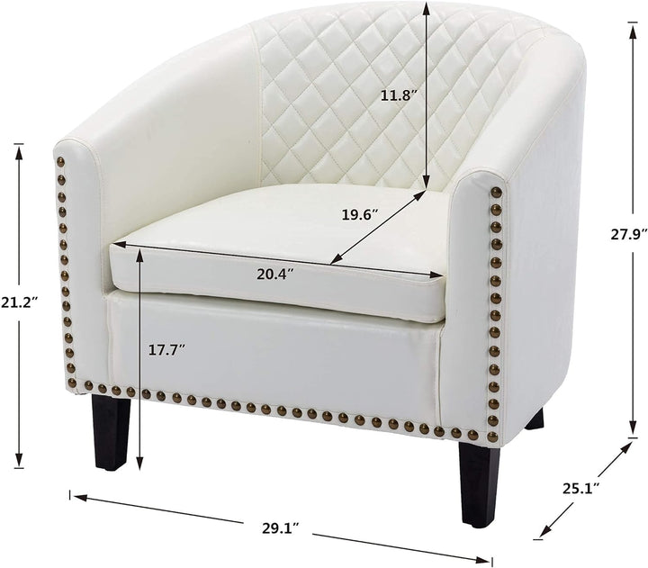 Armchair Barrel Club Chair,Modern PU Leather Accent Chair Arm Club Chair w/Nailheads and Solid Wood Legs,Tub Barrel Style Lounge Chair for Living Room Bedroom Reception Room (White)