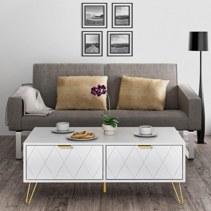 Scurrty Modern Coffee Table with Drawers, Open Shelves, Gold, White