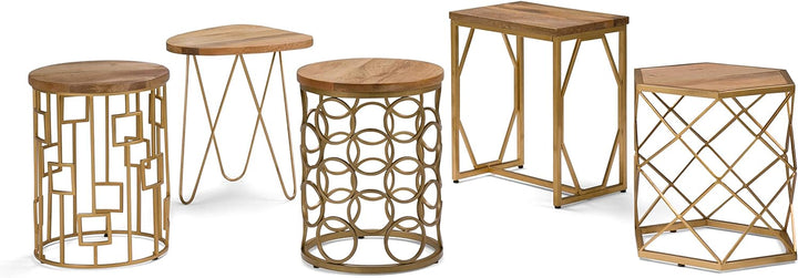 Metal Wood Accent Side Table Natural Gold