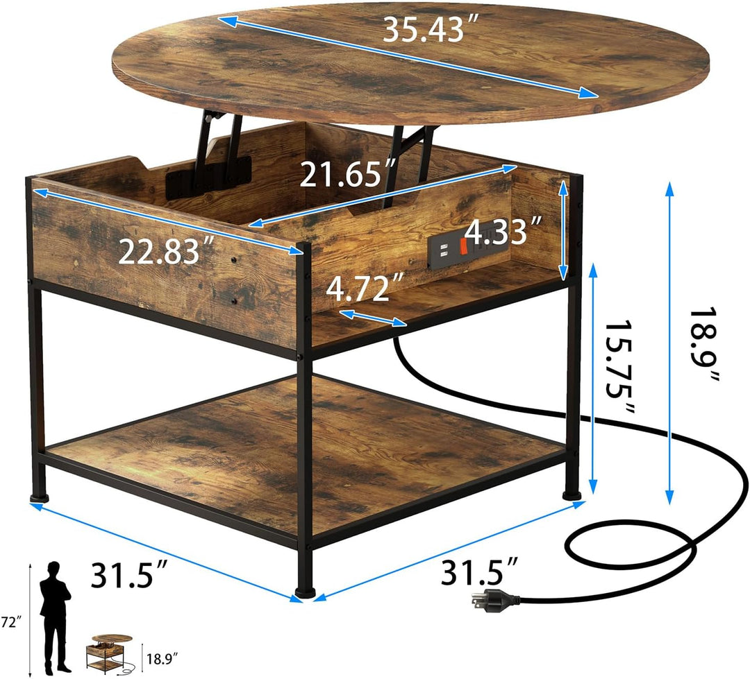 Modern Round Lift Top Coffee Table with Storage, Rustic Brown