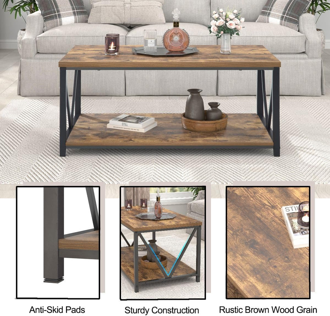 Modern Industrial Coffee Table with Storage Shelf, Rustic Brown