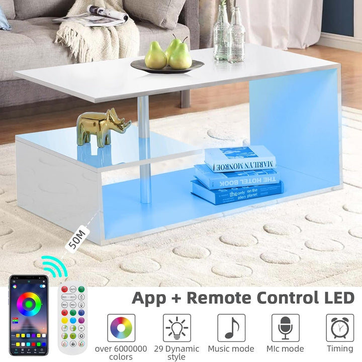 Modern White Coffee Table with S-Shaped 3 Tiers Open Storage Shelf, High Gloss Center Sofa Tea Table with LED Lights, White