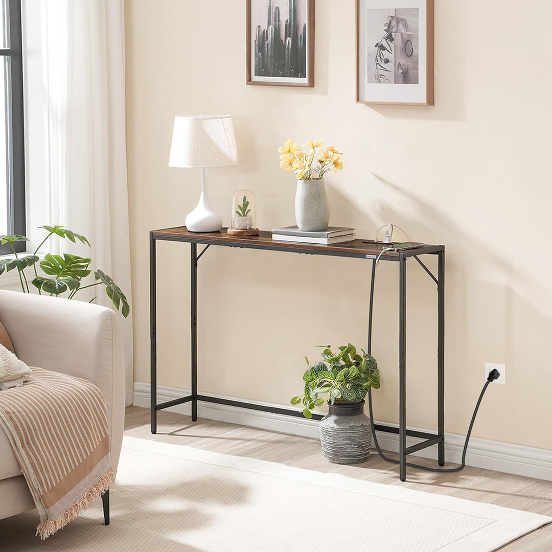 Console Table, Narrow Sofa Table, 43.3" Entrance Table with Power Station, Rustic Brown and Black CTHR112E01