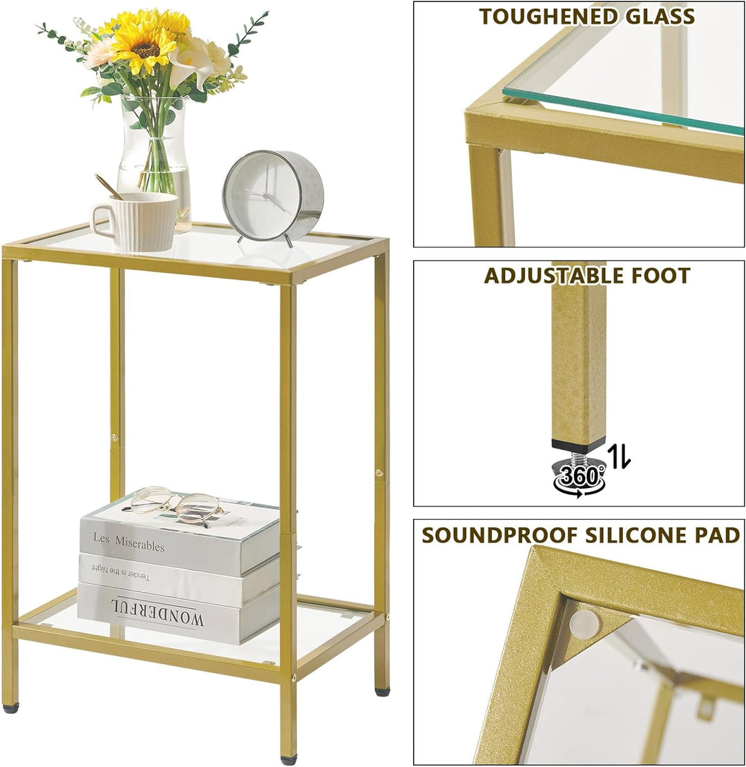 Tempered Glass Side Table, 2 Tier End Table, Gold