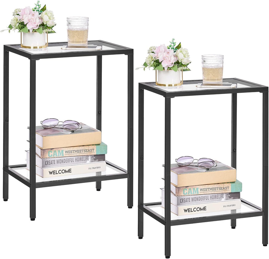 Side Tables Set of 2, Tempered Glass, Storage