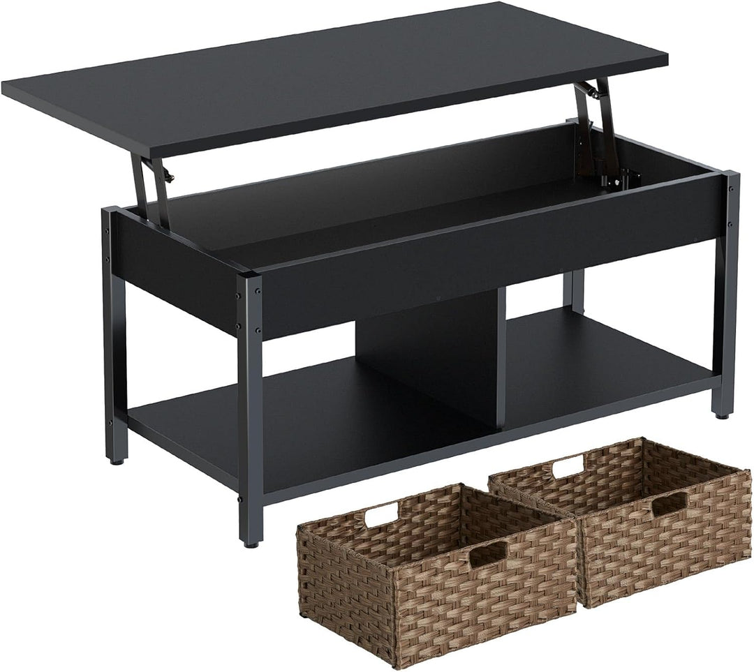 Rolanstar Coffee Table with Lift Top, Hidden Storage, Rattan Baskets, Black