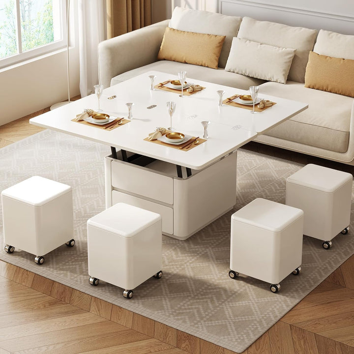 47.24" L Lift Top Coffee Table with 4 Stools, Hidden Storage, White