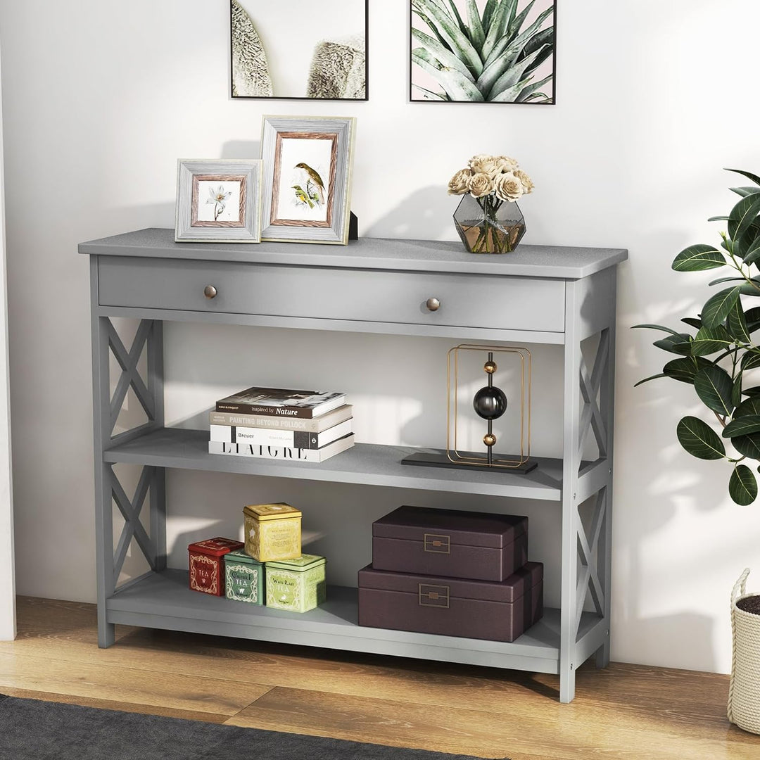 3-Tier Console Table, Wooden Sofa Tables Narrow (Grey)