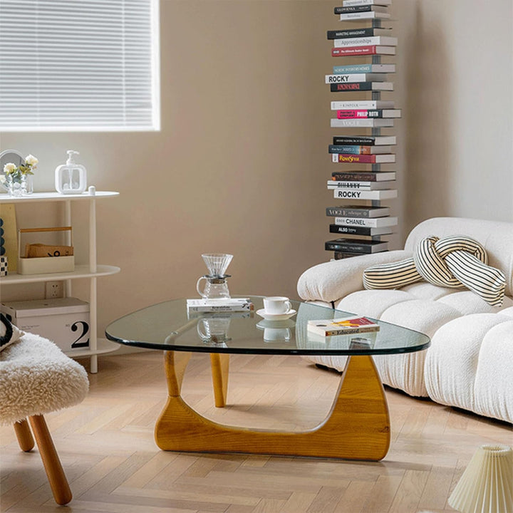 Mid-Century Modern Coffee Table with Triangle Glass Top (Walnut/Transparent)