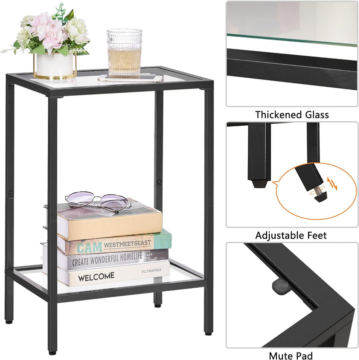 Side Tables Set of 2, Tempered Glass, Storage