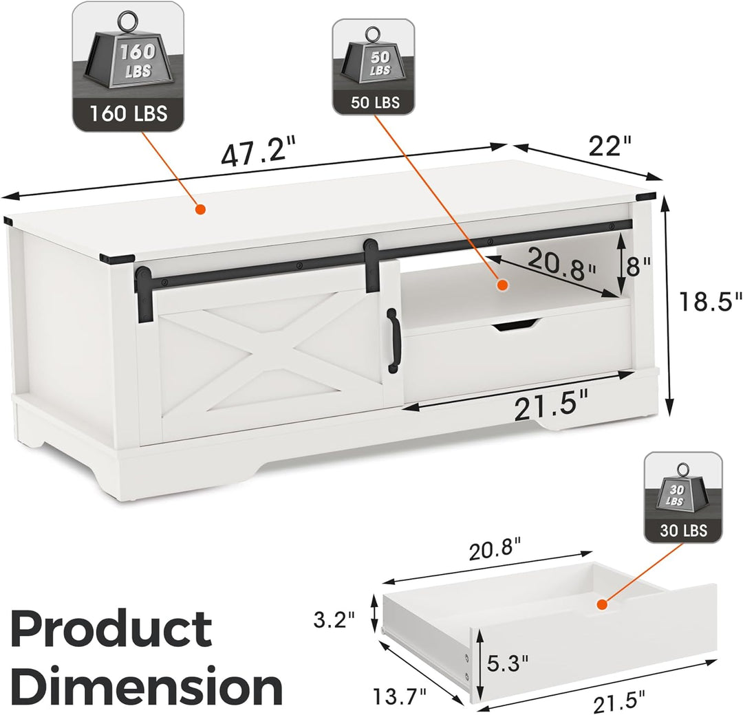 Farmhouse Coffee Table with Storage, Rustic Rectangular Table, Pure White