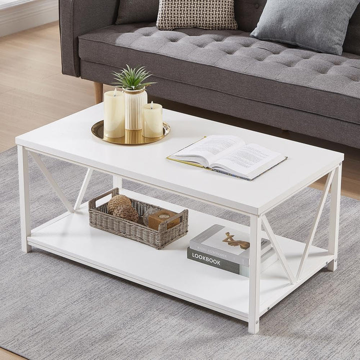 Rustic Coffee Table with Storage Shelf, Modern Living Room Furniture, White Oak