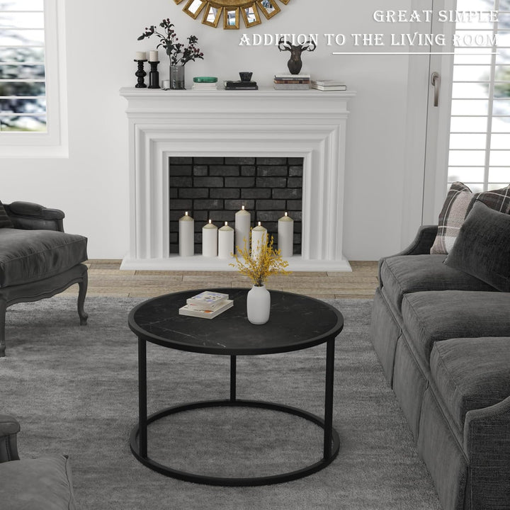 Stylish Small Round Coffee Table with Black Faux Marble