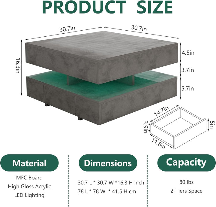 Modern 2-Tier Square Coffee Table, White with 16-Color Lighting