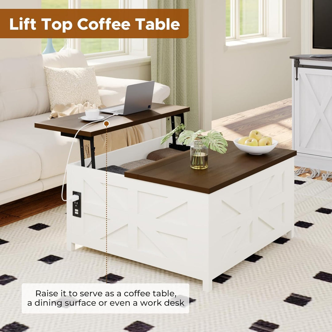 Farmhouse Lift Top Coffee Table with Hidden Storage, Charging Station, USB Ports, White