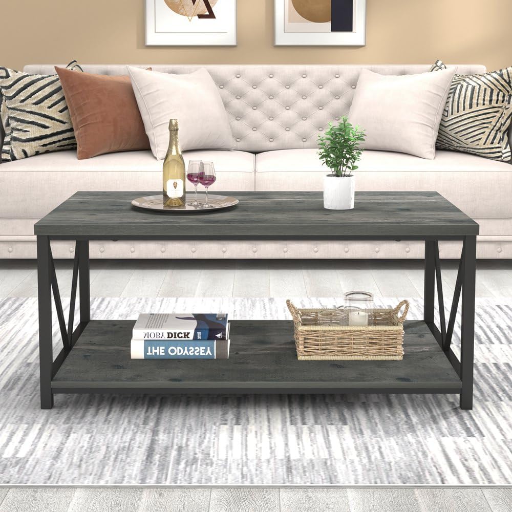 Coffee Table, Rustic Wood and Metal Center Table for Living Room, Grey