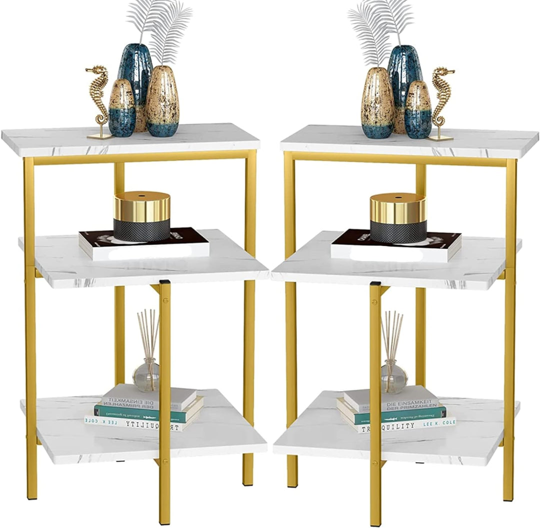 Gold End Table Set of 2,3-Tier Gold Side Table,Rectangle Bedside Tables/Nightstand