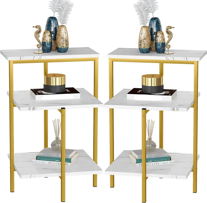 Gold End Table Set of 2,3-Tier Gold Side Table,Rectangle Bedside Tables/Nightstand