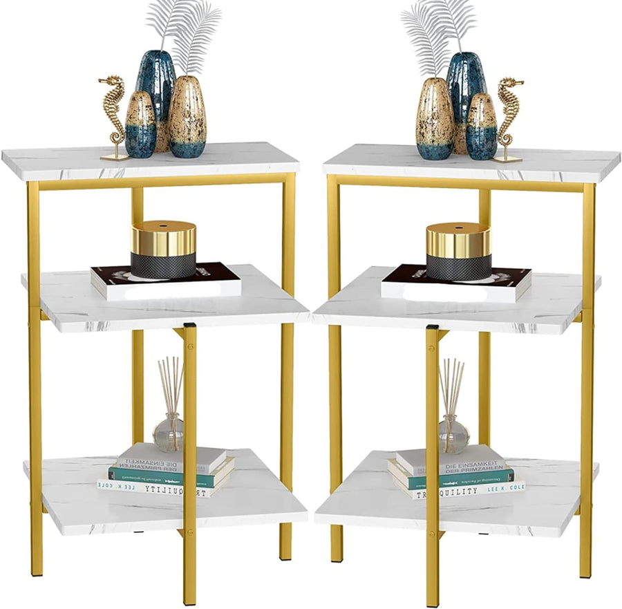 Gold End Table Set of 2,3-Tier Gold Side Table,Rectangle Bedside Tables/Nightstand